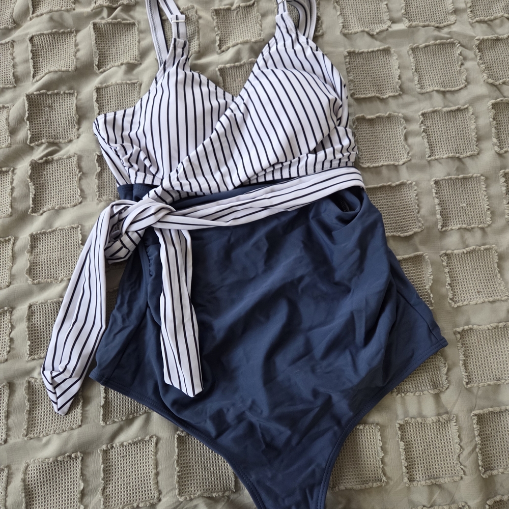 Navy and White Stripe Tie-Waist One-Piece Swimsuit
